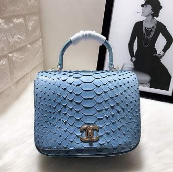 Chanel Python leather handbag with sheepskin lining &sky blue colour &light gold hardware