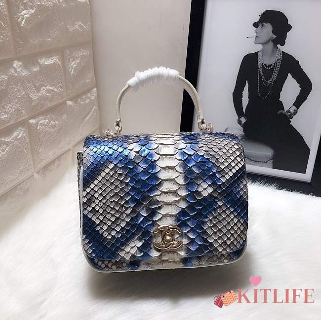 Chanel Python leather handbag with sheepskin lining blue&white colour &light gold hardware - 1