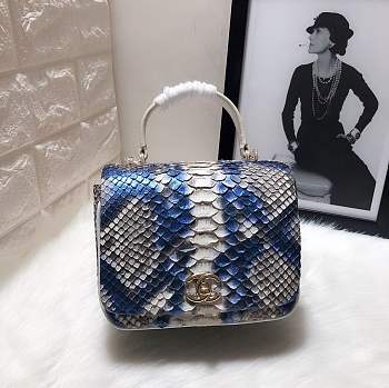 Chanel Python leather handbag with sheepskin lining blue&white colour &light gold hardware