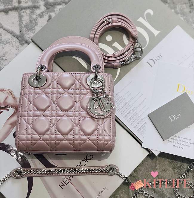 Mini Lady Dior lambskin bag size 17 CM &Pearly pink color &Silver hardware - 1