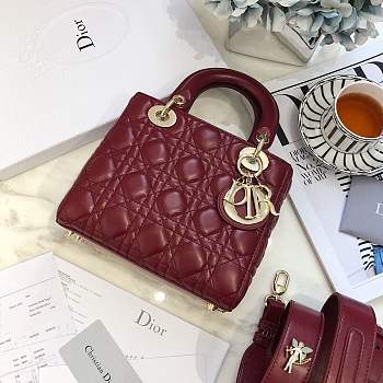 Lady Dior bag in Burgundy color cannage lambskin with badge &gold hardware