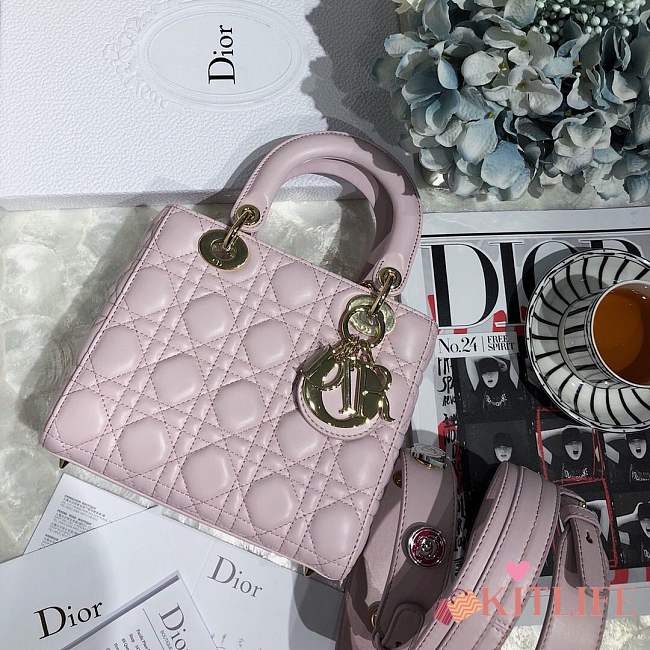 Lady Dior bag in Peach pink color cannage lambskin with badge &Gold hardware - 1