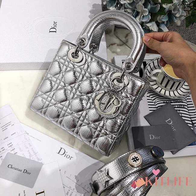 Lady Dior bag in Silver color cannage lambskin with badge &Silver hardware - 1