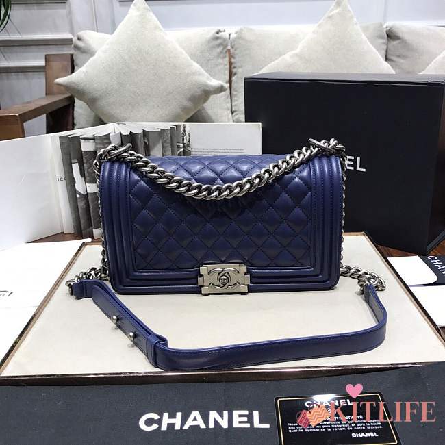 Chanel Medium Quilted lambskin leboy Bag Dark Blue silver hardware 67086 - 1