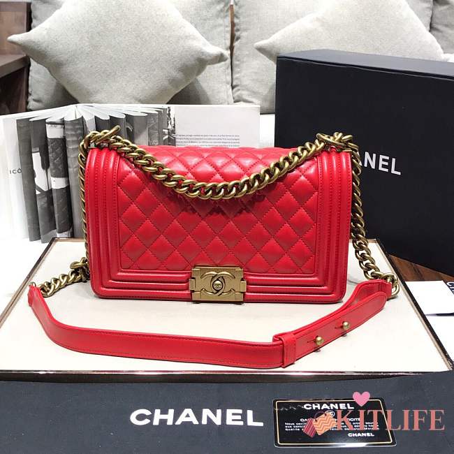Chanel Medium Quilted lambskin leboy Bag in Red& gold hardware 67086 - 1