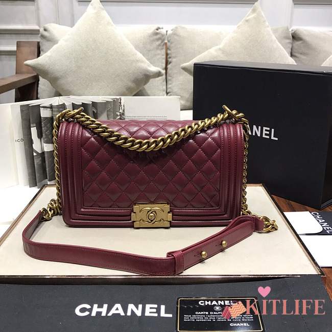 Chanel Medium Quilted lambskin leboy Bag in burgundy & gold hardware 67086 - 1