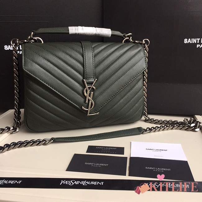 Forubags YSL MEDIUM COLLEGE BAG IN DARK GREEN MATELASSÉ LEATHE SILVER HARDWARE - 1