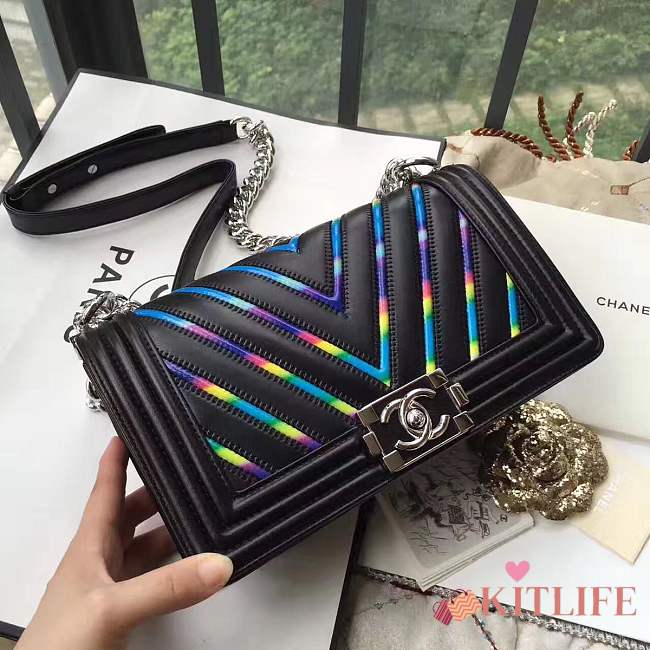 Chanel Multicolor Chevron Medium Boy Bag Black A67086 VS08027 - 1