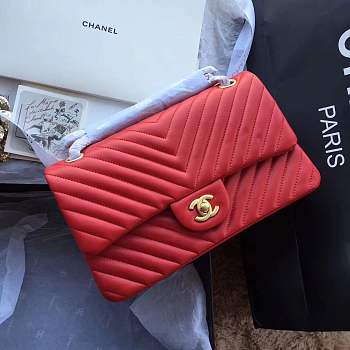 Forubags Chanel Chevron flap bag red lambskin gold metal medium  A01112 