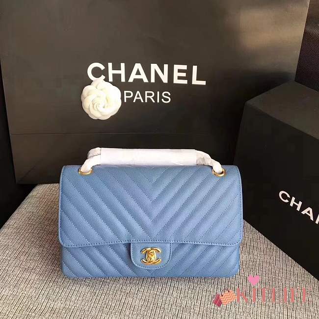 Forubags Chanel Caviar calfskin flap bag light blue gold metal medium 1112 - 1