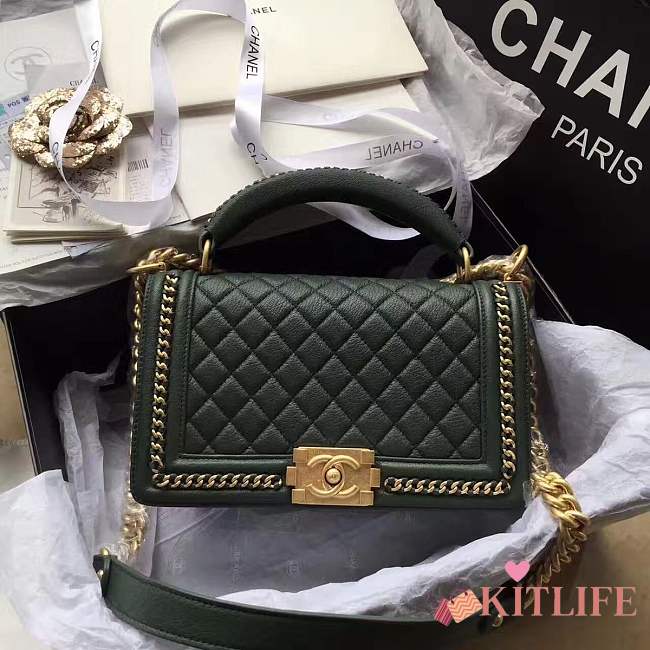 Forubags Chanel Green Quilted Boy Bag 25cm  with Top Handle - 1