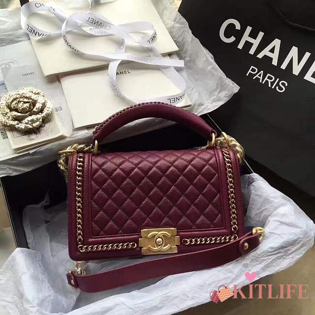 Forubags Chanel Burgundy Quilted Boy Bag 25cm  with Top Handle - 1