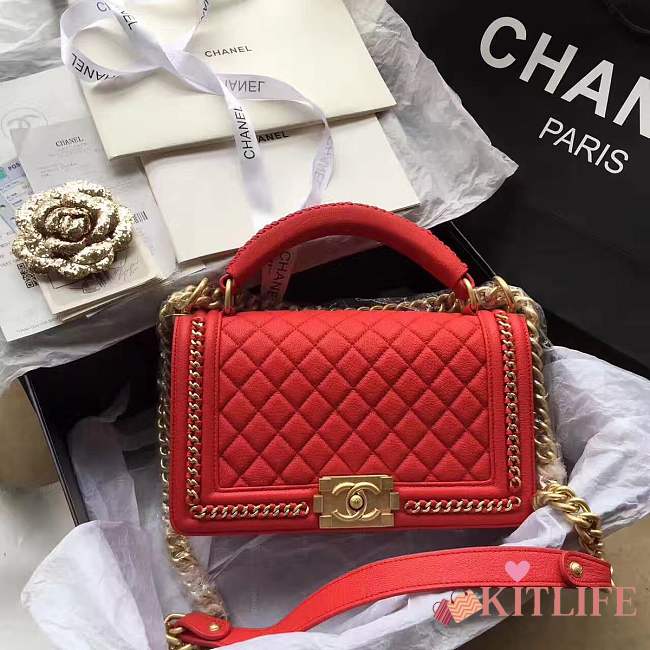 Forubags Chanel red Quilted Boy Bag 25cm with Top Handle - 1