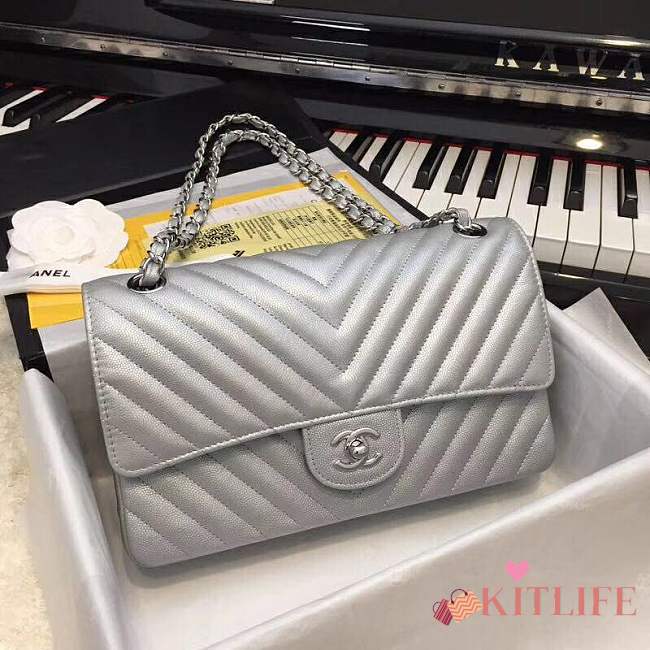 Forubags Chanel Chevron Quilted Silver Calfskin Leather - 1