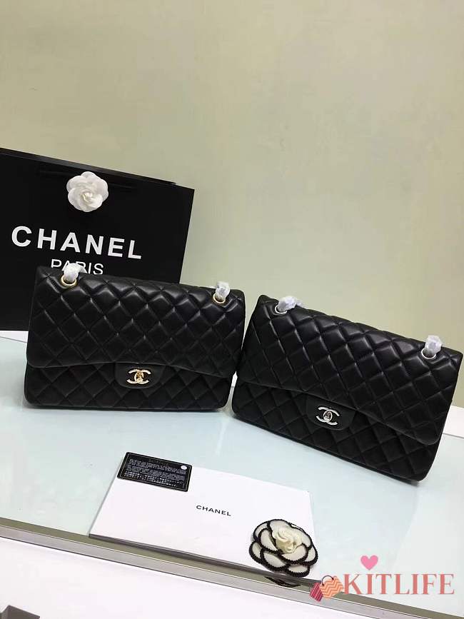Forubags Chanel 30CM Jumbo lambskin Double Flap in black with gold/silver hardware	 - 1