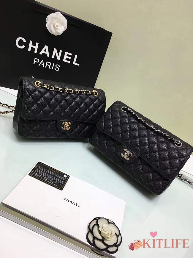 Forubags Chanel calfskin caviar leather 25cm Flap black gold/silver hardware 1112 - 1