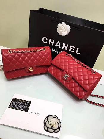 Forubags Chanel lambskin leather 25cm Flap in red with gold/silver 1112