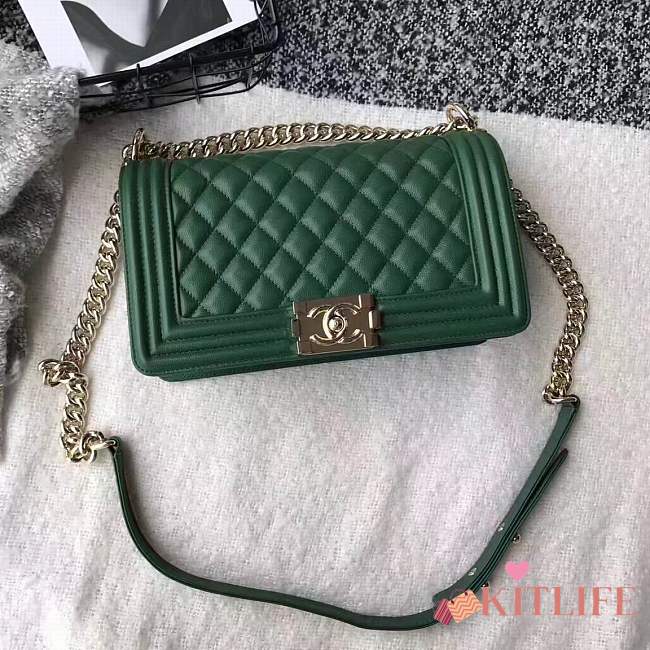 Forubags Chanel Caviar Boy Bag in Green with Gold Hardware - 1