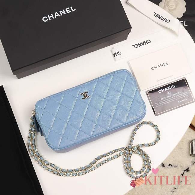 Chanel Classic Clutch with Chain Grained Calfskin & Gold-Tone Metal light blue A82527  - 1
