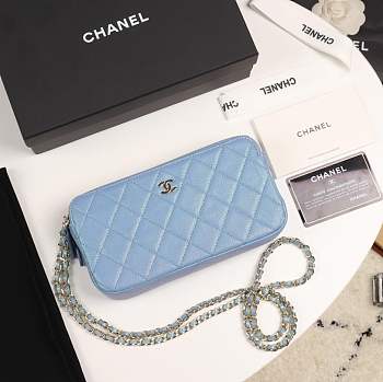 Chanel Classic Clutch with Chain Grained Calfskin & Gold-Tone Metal light blue A82527 