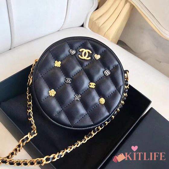 Chanel Lambskin Quilted Round Clutch With Chain Black - 1