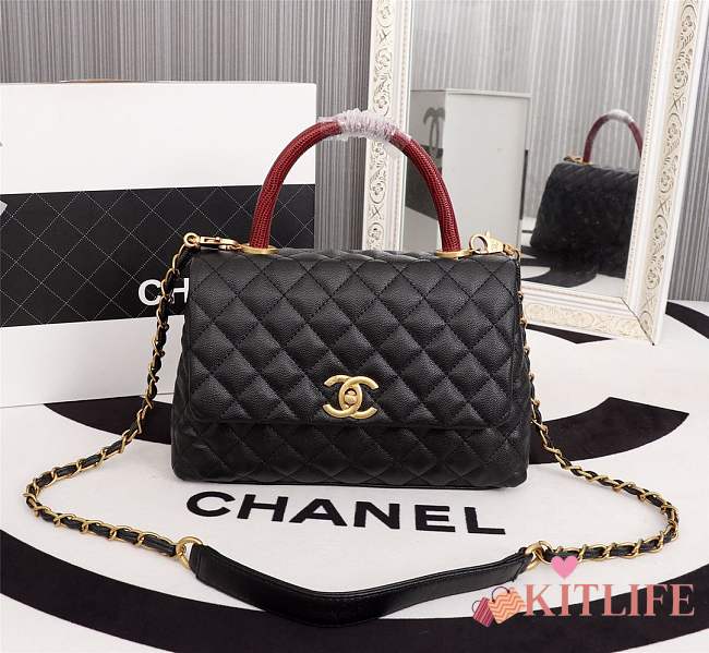  Forubags Chanel Coco Handle 25CM caviar black leather gold hardware Red lizard handle - 1