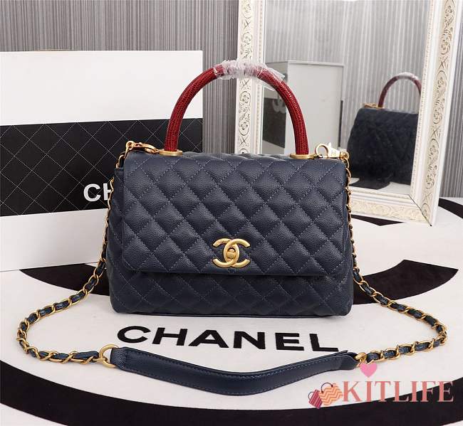 Forubags Chanel Coco Handle 25CM caviar navy blue leather gold hardware Red lizard handle - 1