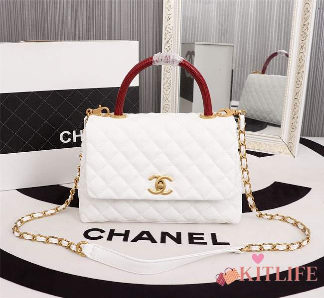 Forubags Chanel Coco Handle 25CM caviar white leather gold hardware Red lizard handle - 1