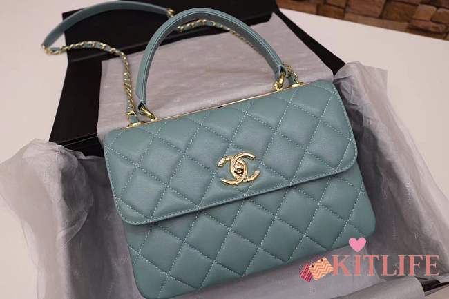 Forubags Chanel Flap Lambskin Leather In light blue Gold Hardware with handle - 1