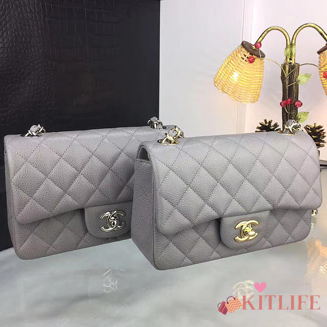 Chanel Classic Flap Bag Grey Caviar Leather Sliver&Gold Hardware 20cm  - 1