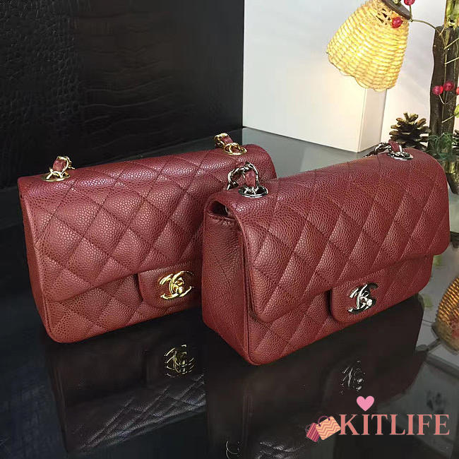 Chanel Classic Flap Bag Burgundy Caviar Leather Sliver&Gold Hardware 20cm  - 1