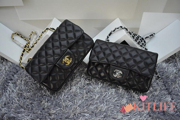 Chanel Black Lambskin Leather Flap Bag With Gold / Silver Hardware Size:20cm - 1