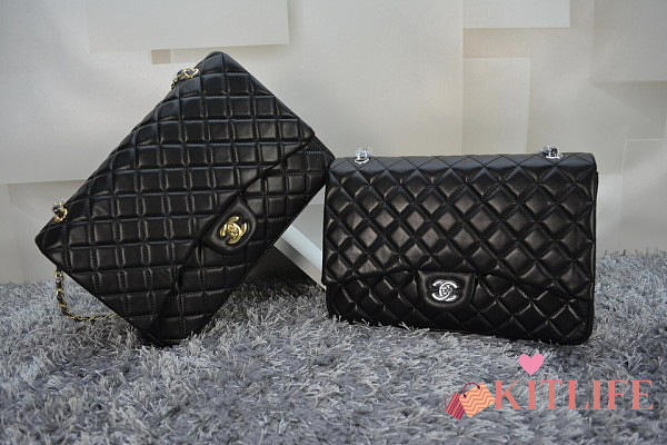 Chanel Black Lambskin Leather Flap Bag With Gold / Silver Hardware Size 33cm  - 1
