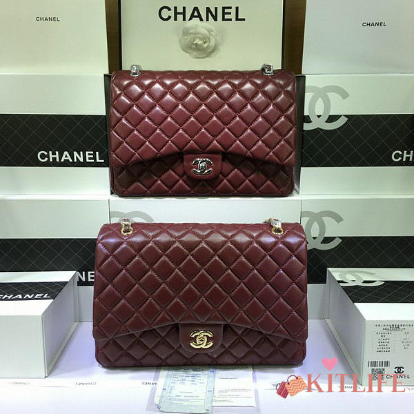 Chanel Maroon Red Lambskin Leather Flap Bag With Gold / Silver Hardware Size 33cm - 1
