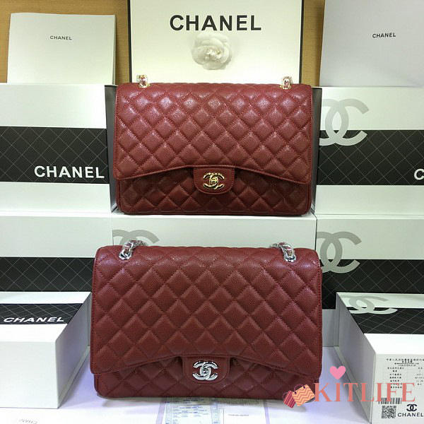 Chanel Maroon Red Calfskin Caviar Leather Flap Bag With Gold / Silver Hardware Size 33cm - 1