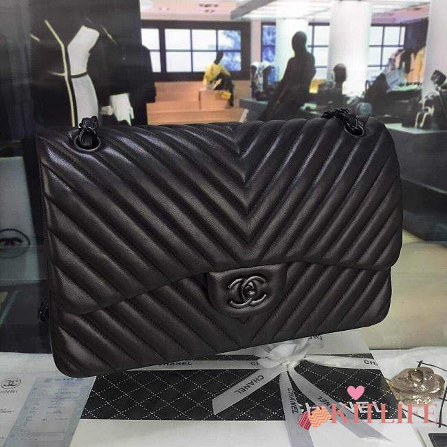 Chanel Lambskin Chevron Quilted 30cm Flap Black Bag with gun black metal - 1