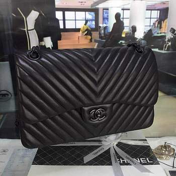 Chanel Lambskin Chevron Quilted 30cm Flap Black Bag with gun black metal