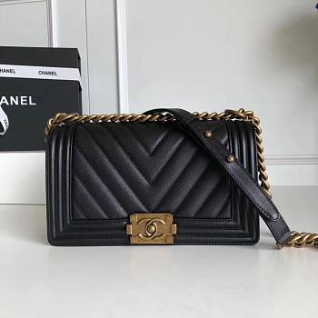 Forubags Chanel Caviar Chevron Quilted Medium Boy Black Bag With Retro gold 