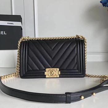 Forubags Chanel Caviar Chevron Quilted Medium Boy Black Bag With Bright gold