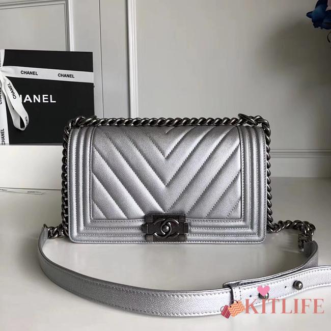 Forubags Chanel Caviar Chevron Quilted Medium Boy Silver Bag With Retro silver - 1