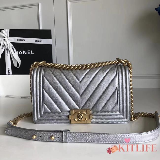 Forubags Chanel Caviar Chevron Quilted Medium Boy Silver Bag With Bright gold - 1