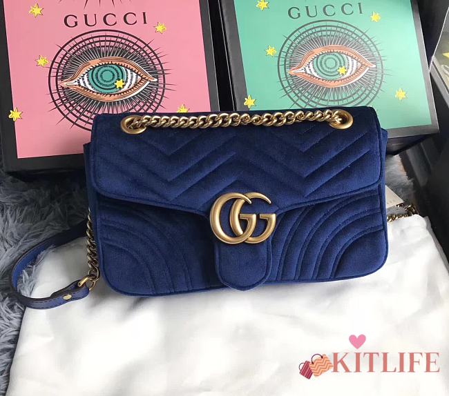 Forubags Gucci GG Marmont Dark Blue Velvet small Bag style 443497 size 25.5x15x7cm - 1