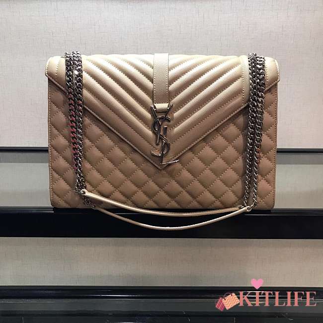 YSL ENVELOPE LARGE BAG IN GRAIN BEIGE LEATHER SILVER HARDWARE 31*22*7.5CM - 1
