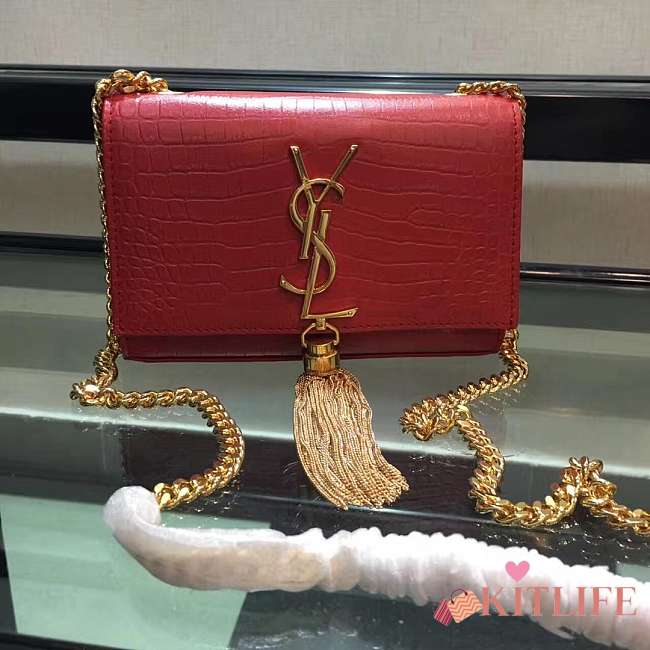 YSL KATE MONOGRAM WITH GOLD TASSEL IN CROCODILE EMBOSSED 17CM - 1