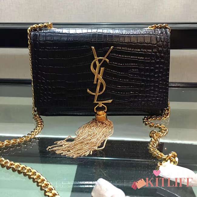 YSL KATE MONOGRAM WITH GOLD TASSEL IN CROCODILE EMBOSSED BLAK 17CM - 1