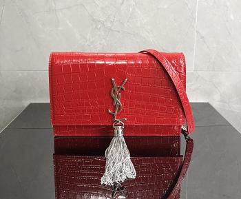 YSL KATE MONOGRAM WITH SILVER TASSEL IN CROCODILE EMBOSSED RED 20x12.5x4cm