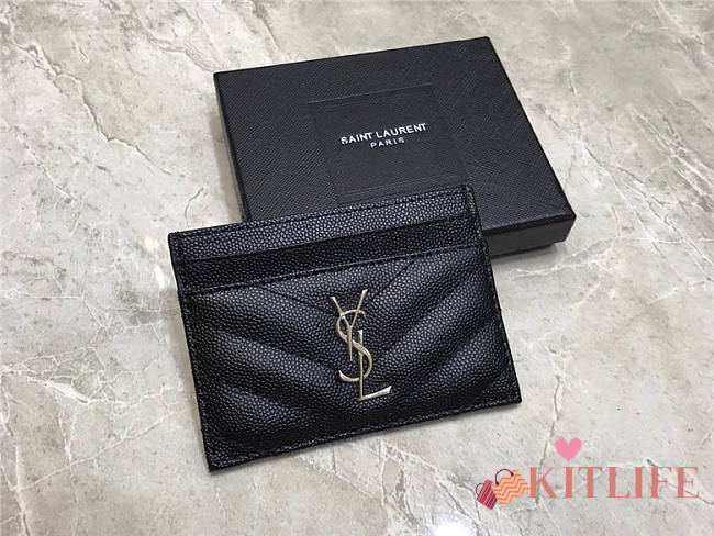 YSL Card Holder Caviar Leather Silver Hardware - 1