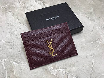 YSL Card Holder Burgundy Caviar Leather Gold Hardware