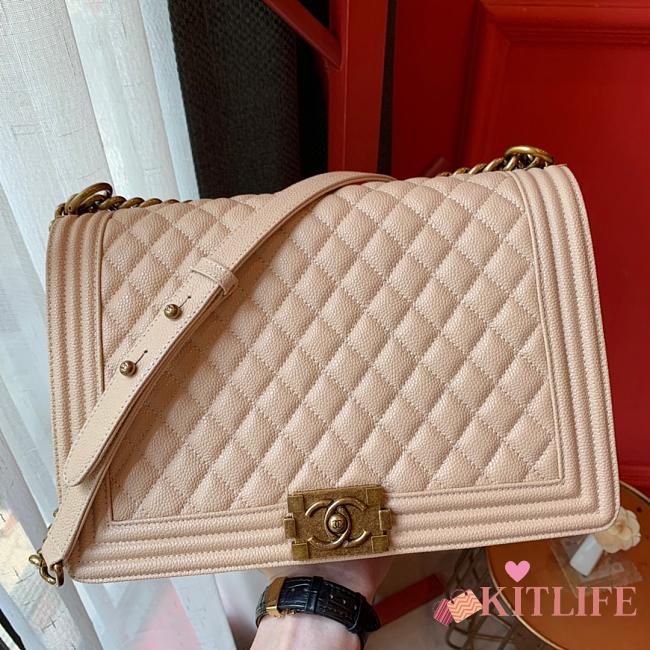 Chanel Boy Bag In Beige Caviar Leather With Retro Gold Hardware 30cm - 1