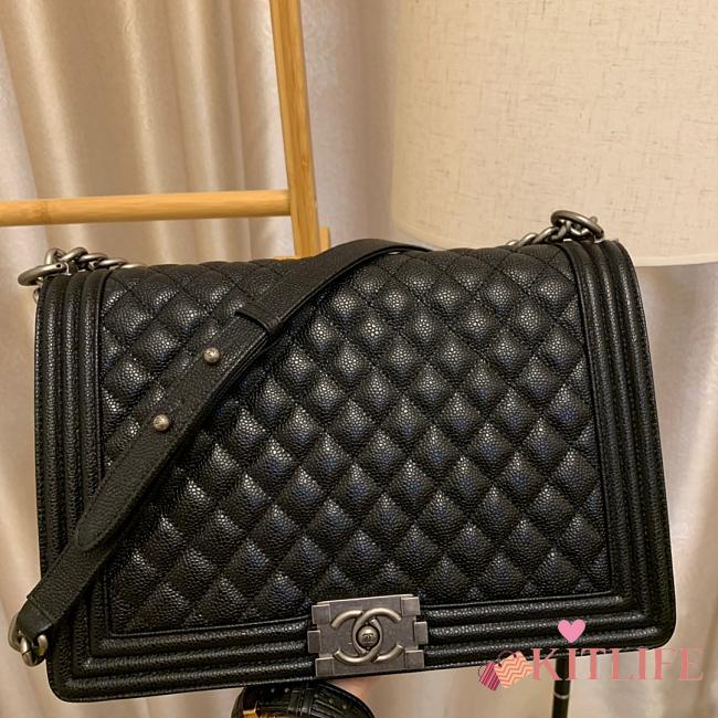 Chanel Boy Bag In Black Caviar Leather With Retro Silver Hardware 30cm - 1